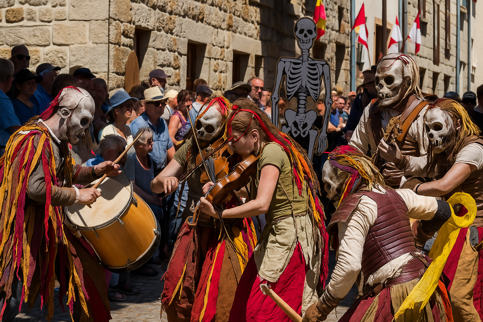 : Troupe de musiciens costumés en squelettes jouant dans une rue de village médiéval lors du festival Les Médiévales du Malzieu