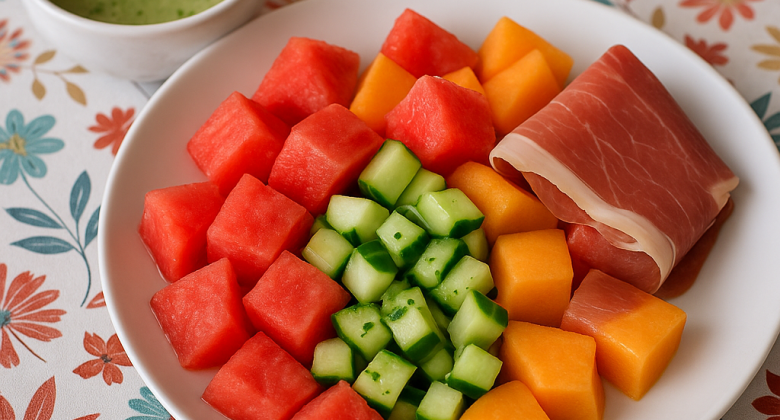 Salade fraîcheur pastèque, melon, concombre & jambon cru
