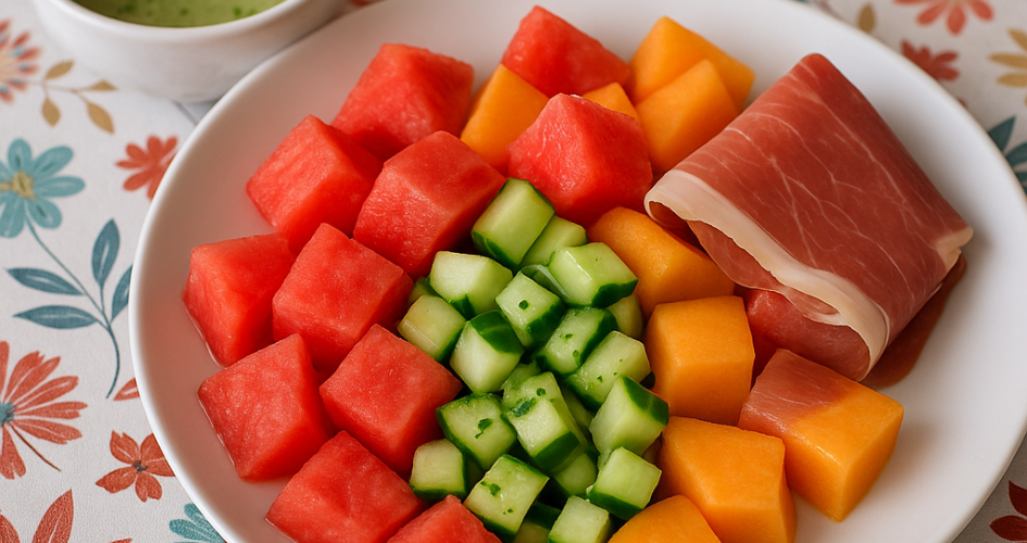 Salade fraîcheur pastèque, melon, concombre & jambon cru